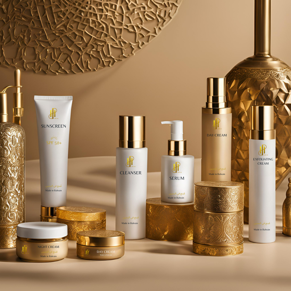 A premium mockup showcasing a luxurious skincare product line with elegant gold accents, featuring sunscreen, cleanser, serum, day cream, night cream, and exfoliating cream.