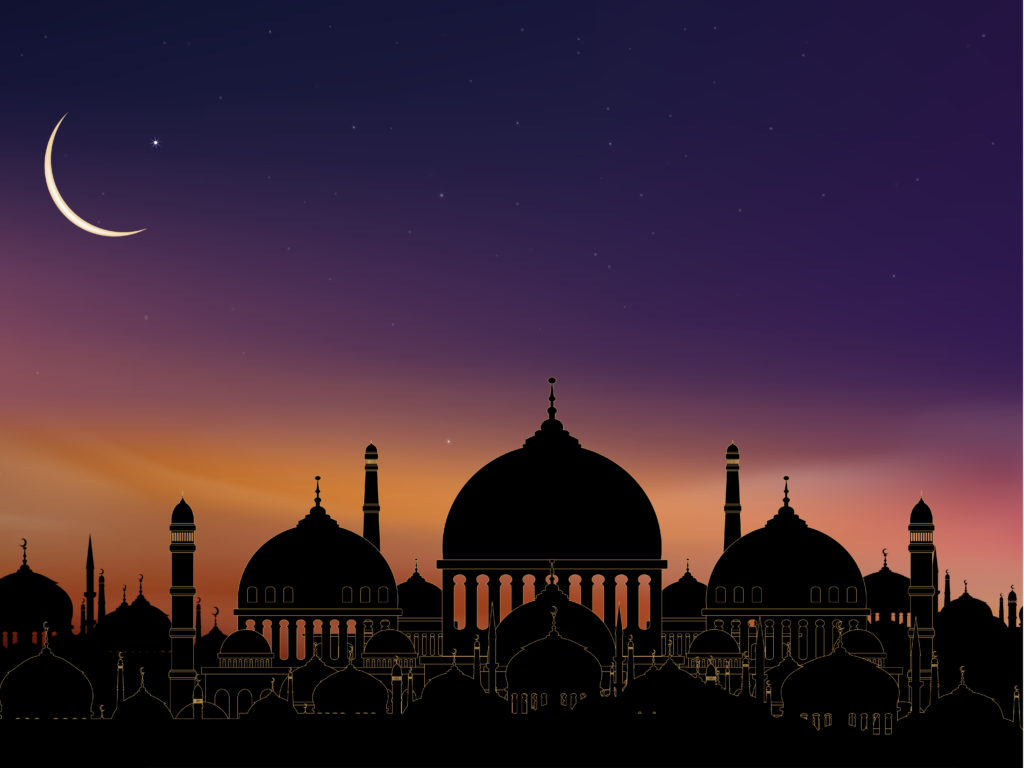 A silhouette of a mosque with domes and minarets against a gradient sky at dusk, with a crescent moon and stars in the background.