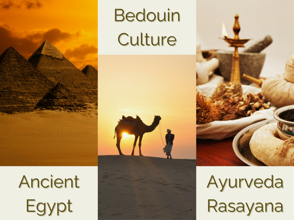 Collage showing Ancient Egypt pyramids, a Bedouin with a camel at sunset, and Ayurvedic herbs and oils symbolizing cultural heritage and holistic wellness.