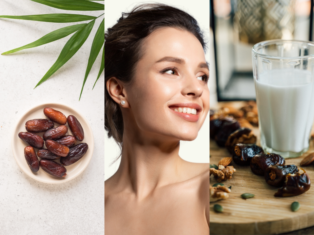 A collage featuring a bowl of dates with palm leaves, a smiling woman with radiant skin, and a glass of milk paired with dates and nuts on a wooden board.