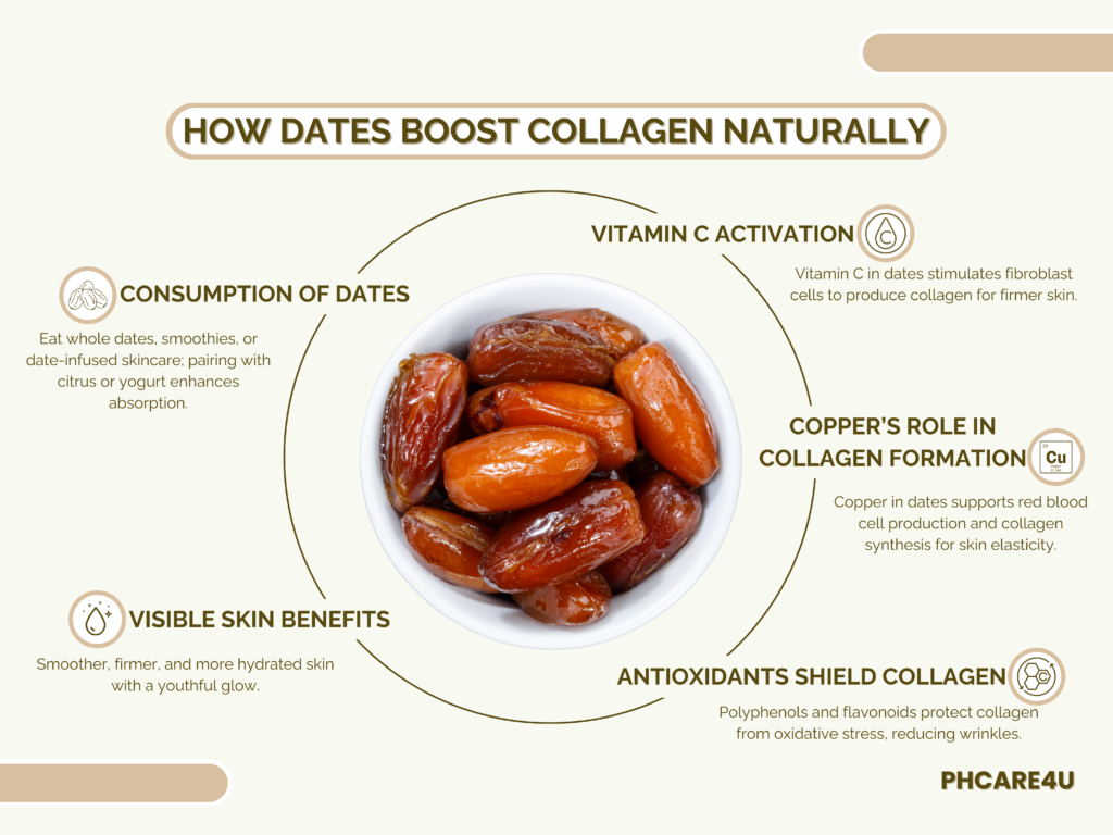 Infographic explaining how dates naturally boost collagen with vitamin C, copper, antioxidants, and visible skin benefits.