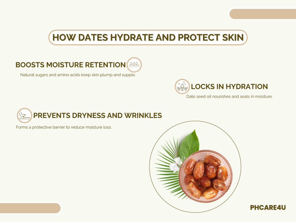 Infographic detailing the hydrating and skin-protecting benefits of dates, focusing on moisture retention, hydration locking, and wrinkle prevention.