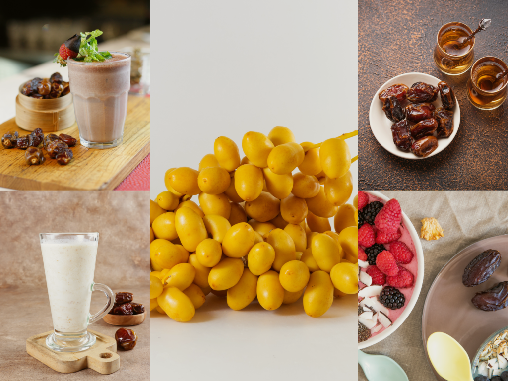 A collage showcasing dates in various forms: fresh golden dates, a glass of date milkshake, a chocolate smoothie with dates, a date bowl, and smoothie bowls garnished with berries and dates.